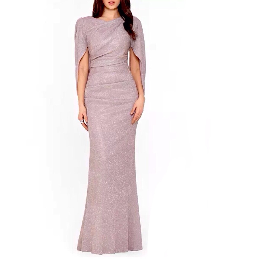Betsy And Adam Gracie Glitter Drape Back Cape Gown Blush Pink Gold Size 10